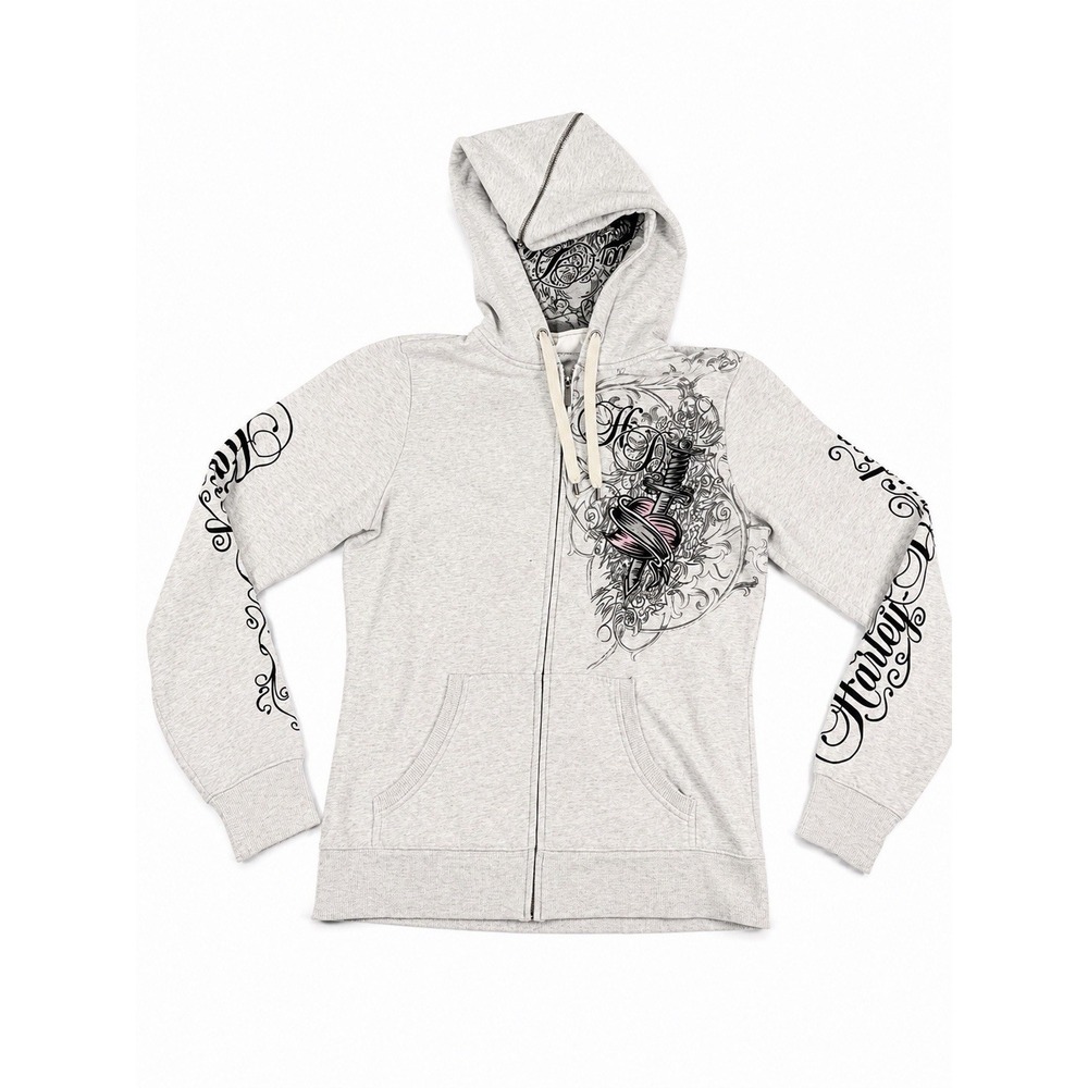harley davidson zip up hoodie womens heart daggar L Script Split Zip Hood